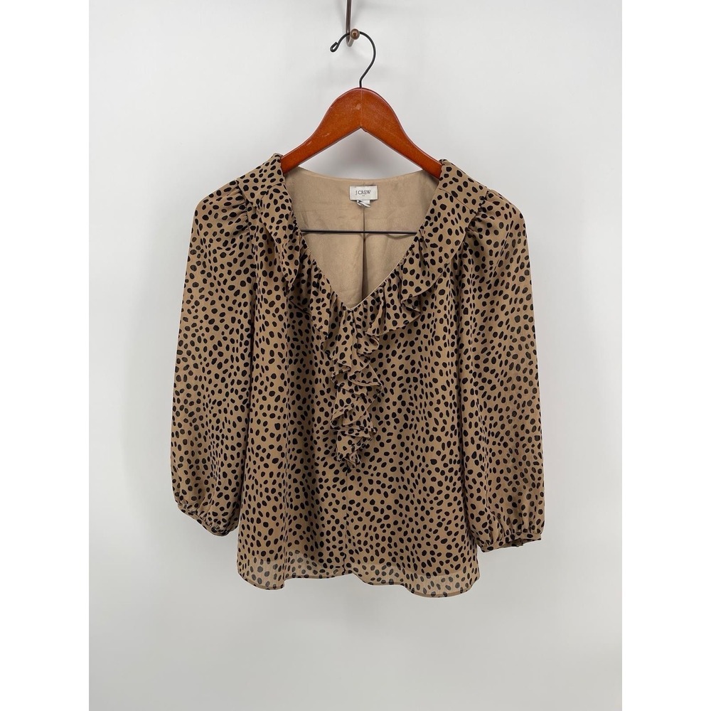 J Crew Women's Small Animal Print Ruffle Blouse 3/4 Sleeve Sheer Top